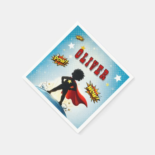 Comic Style Superhero Boy's Name Birthday Serviette (Ecke)