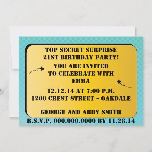 Comic Style Top Secret Überraschung Einladung (Rückseite)