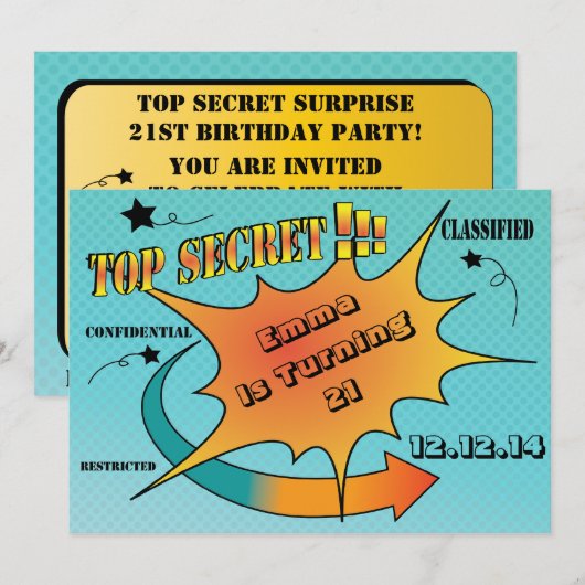 Comic Style Top Secret Überraschung Einladung (Vorne/Hinten)