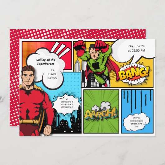 Comic-Superheld-Geburtstag Einladung (Vorne/Hinten)