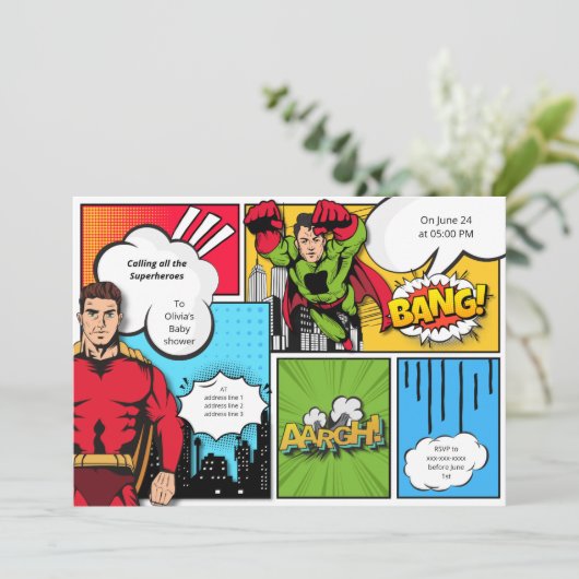 Comic-Superheld-Kinderdusche Einladung (Stehend Vorderseite)
