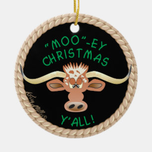 Comical Longhorn Steer Keramik Ornament