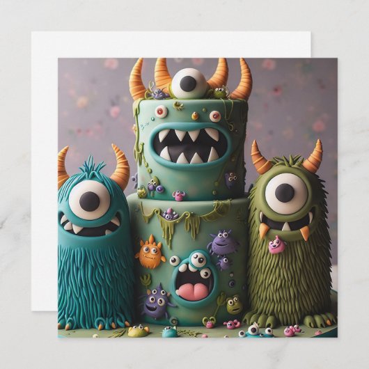 COMICAL ODDBALL KOOKY MONSTER CAKE BIRTHDAY EINLADUNG (Vorne/Hinten)