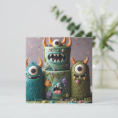COMICAL ODDBALL KOOKY MONSTER CAKE BIRTHDAY EINLADUNG (Stehend Vorderseite)