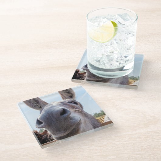 Comical Smiling Gray Donkey Glasuntersetzer (Schrägansicht)