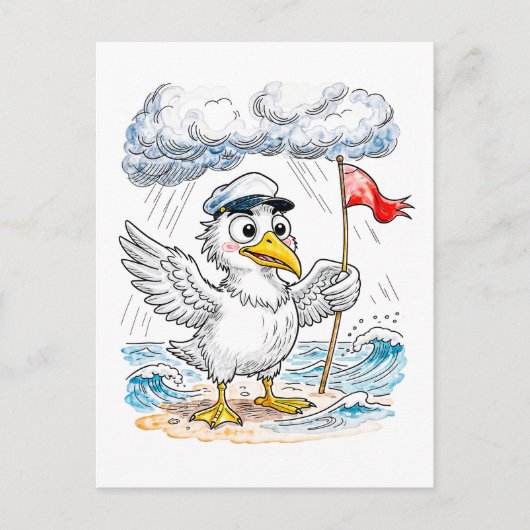 Comics-Vogel-Strand-Wind-Check-Postkarte Postkarte (Vorderseite)