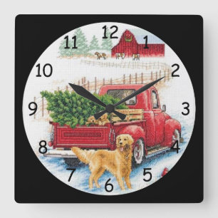 Coming Home with a Christmas Tree Needlepoint Quadratische Wanduhr