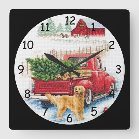 Coming Home with a Christmas Tree Needlepoint Quadratische Wanduhr (Vorderseite)