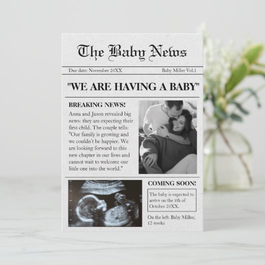 Coming Soon Newspaper Photo Pregnancy Announcement Einladung (Stehend Vorderseite)