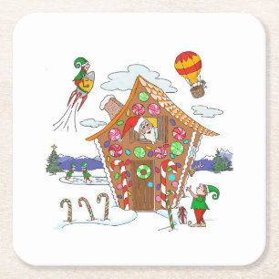 Comische Weihnachtsszene Santa Elves und Rudolph Rechteckiger Pappuntersetzer