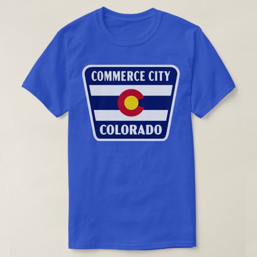 Commerce City Colorado Retro Flag Abzeichen Blau T-Shirt (Design vorne)