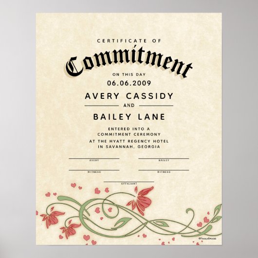"Commitment Ceremony" Floral Wedding Certificate Poster (Vorne)