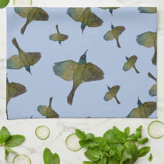 Common Grackle Green Blue Bird Flock Kittuch Geschirrtuch (Gefaltet)