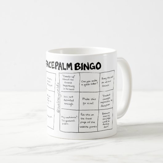 Comms Facepalm Bingo (A+B-Karten) Kaffeetasse (VorderseiteRechts)