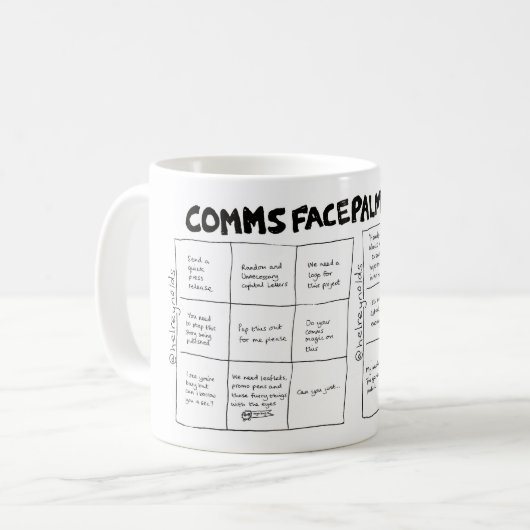 Comms Facepalm Bingo (A+B-Karten) Kaffeetasse (Vorderseite Links)