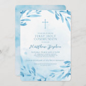 Communion Blue Watercolor Blätter und Cross Einladung (Vorne/Hinten)