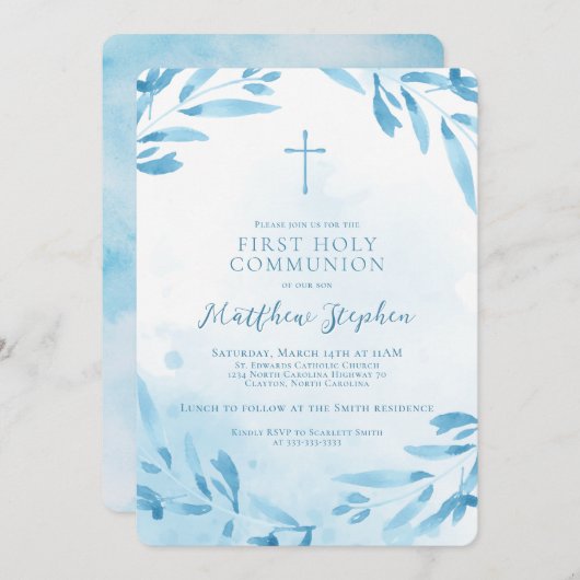 Communion Blue Watercolor Blätter und Cross Einladung (Vorne/Hinten)