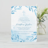 Communion Blue Watercolor Blätter und Cross Einladung (Stehend Vorderseite)