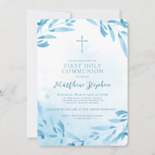 Communion Blue Watercolor Blätter und Cross Einladung
