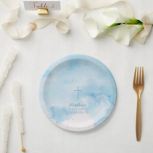 Communion Blue Watercolor Blätter und Cross Pappteller