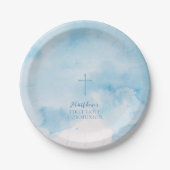 Communion Blue Watercolor Blätter und Cross Pappteller (Vorderseite)