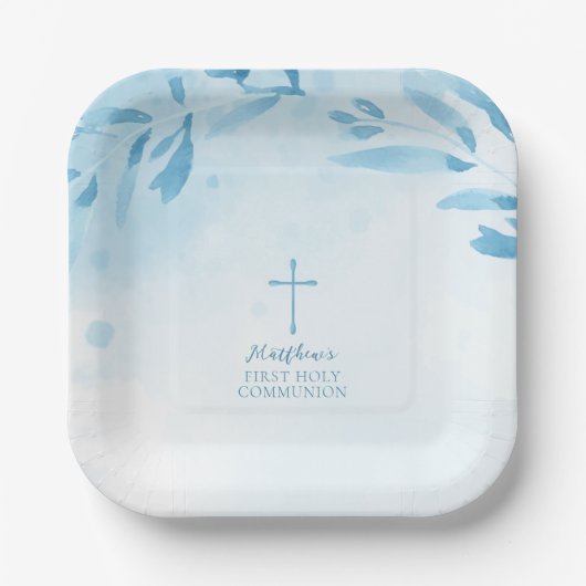 Communion Blue Watercolor Blätter und Cross Pappteller (Vorderseite)