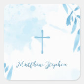 Communion Blue Watercolor Blätter und Cross Quadratischer Aufkleber (Vorderseite)
