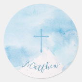 Communion Blue Watercolor Blätter und Cross Runder Aufkleber (Vorderseite)