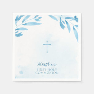 Communion Blue Watercolor Blätter und Cross Serviette