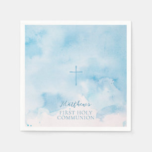 Communion Blue Watercolor Blätter und Cross Serviette