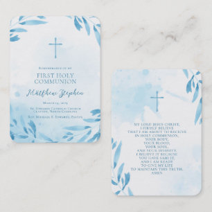 Communion Blue Watercolor Blätter und Cross Visitenkarte