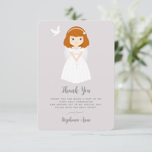 Communion Dove Redhead Girl Danke Einladung (Stehend Vorderseite)
