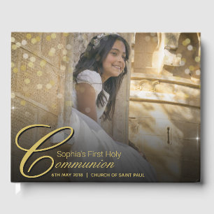 Communion Foto Elegant Gold Typografy Glitzer Gästebuch