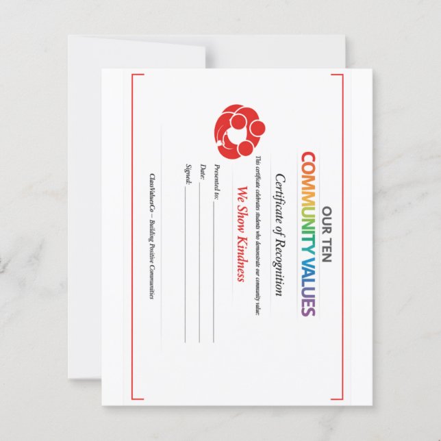 Community Kindness Certificate 4.5x5 Paper Sheet  (Vorderseite)