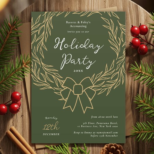 Company Holiday Party Green & Gold Wreath Business Einladung
