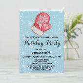 Company Holiday Party Red & White Mitten Blue Snow Einladung (Stehend Vorderseite)