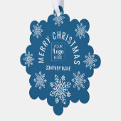 Company Logo Name Snowflake Merry Christmas Blue Ornament Karte (Linke Ecke)