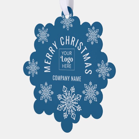 Company Logo Name Snowflake Merry Christmas Blue Ornament Karte (Linke Ecke)