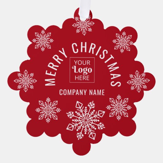 Company Logo Name Snowflake Merry Christmas Red Ornament Karte (Vorderseite)