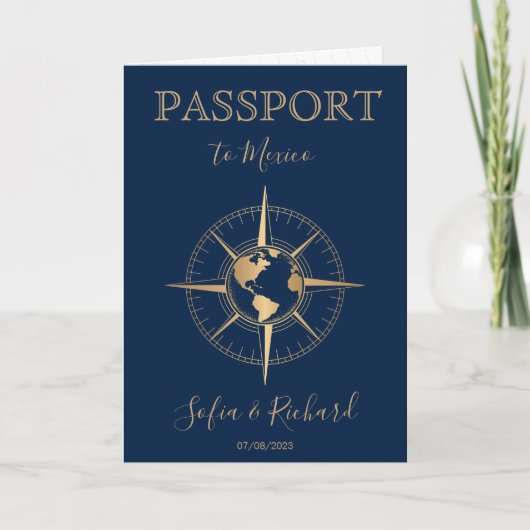Compass Hochzeit in Urlaubsort Passport Weltkarte Einladung (Vorderseite)