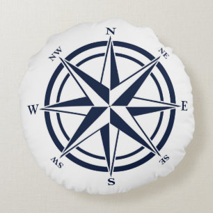 Compass Rose Blue Nautic Rundes Kissen