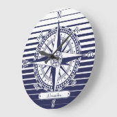 Compass Rose Blue Stripes Große Wanduhr (Winkel)
