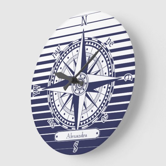 Compass Rose Blue Stripes Große Wanduhr (Winkel)
