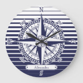 Compass Rose Blue Stripes Große Wanduhr (Vorderseite)