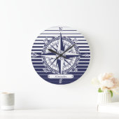 Compass Rose Blue Stripes Große Wanduhr (Zuhause)