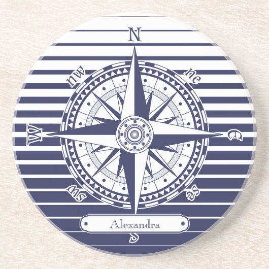 Compass Rose Blue Stripes Sandstein Untersetzer (Vorne)