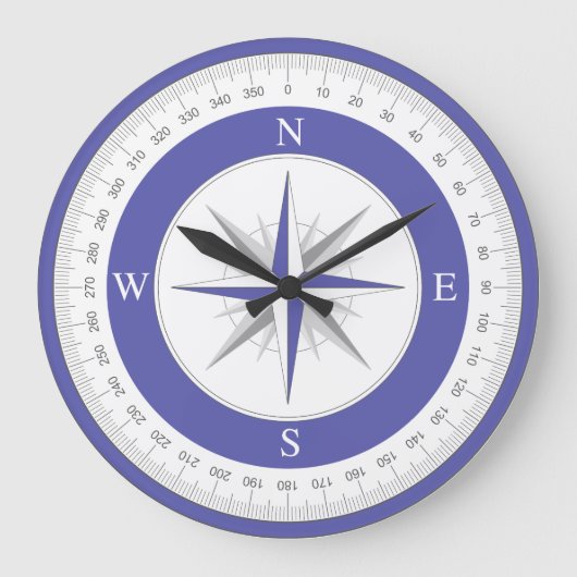 Compass Rose Blue White Nautic Große Wanduhr (Vorderseite)