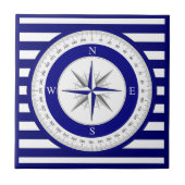 Compass Rose Nautical Blue and White Strip Fliese (Vorderseite)