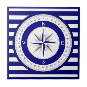 Compass Rose Nautical Blue and White Strip Fliese