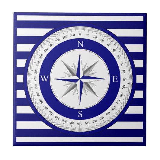 Compass Rose Nautical Blue and White Strip Fliese (Vorderseite)